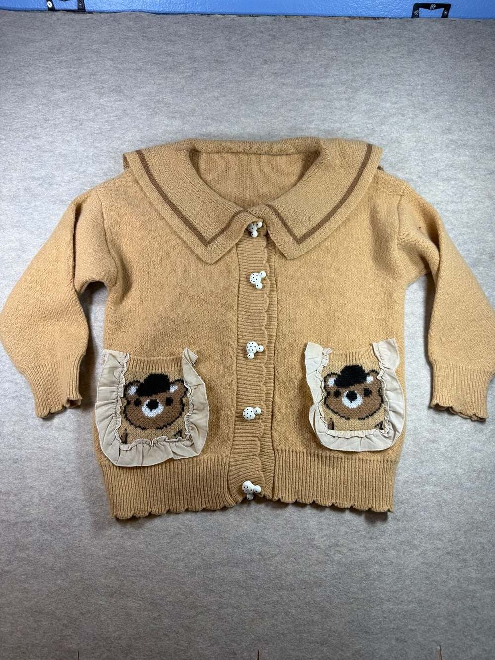 Duffy Brown Bear Pocket Collared Cardigan Sweater with Polka Dot Buttons XL